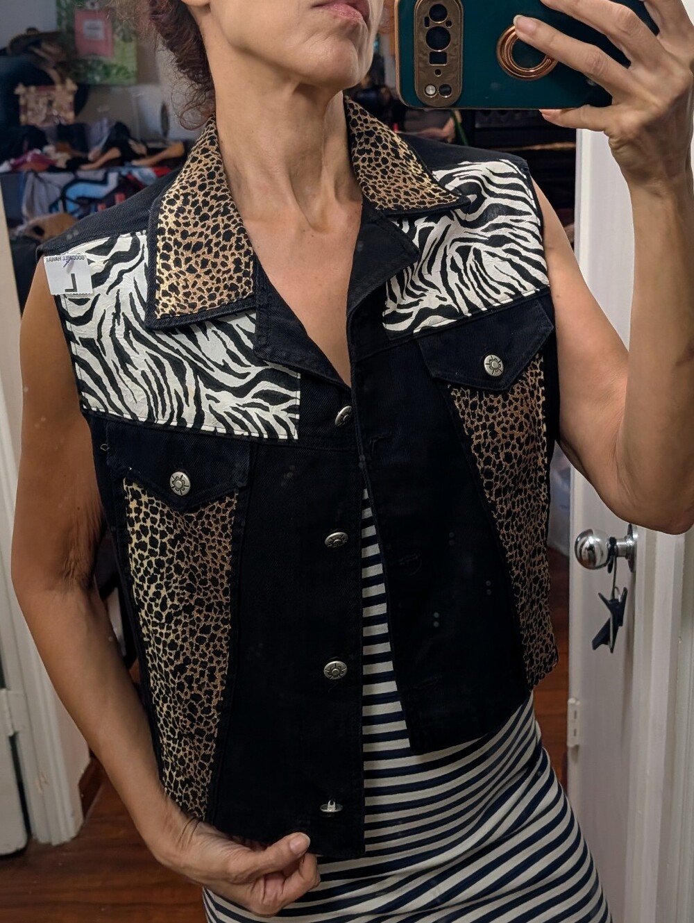 Vtg Peaces Trucker Jacket Crop Vest Zebra & Cheetah Print Size L